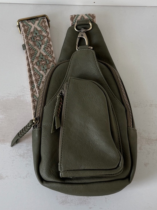 Antik Kraft Handbags - Antik Kraft Olive Green Leather Sling Bag with Patterned Strap